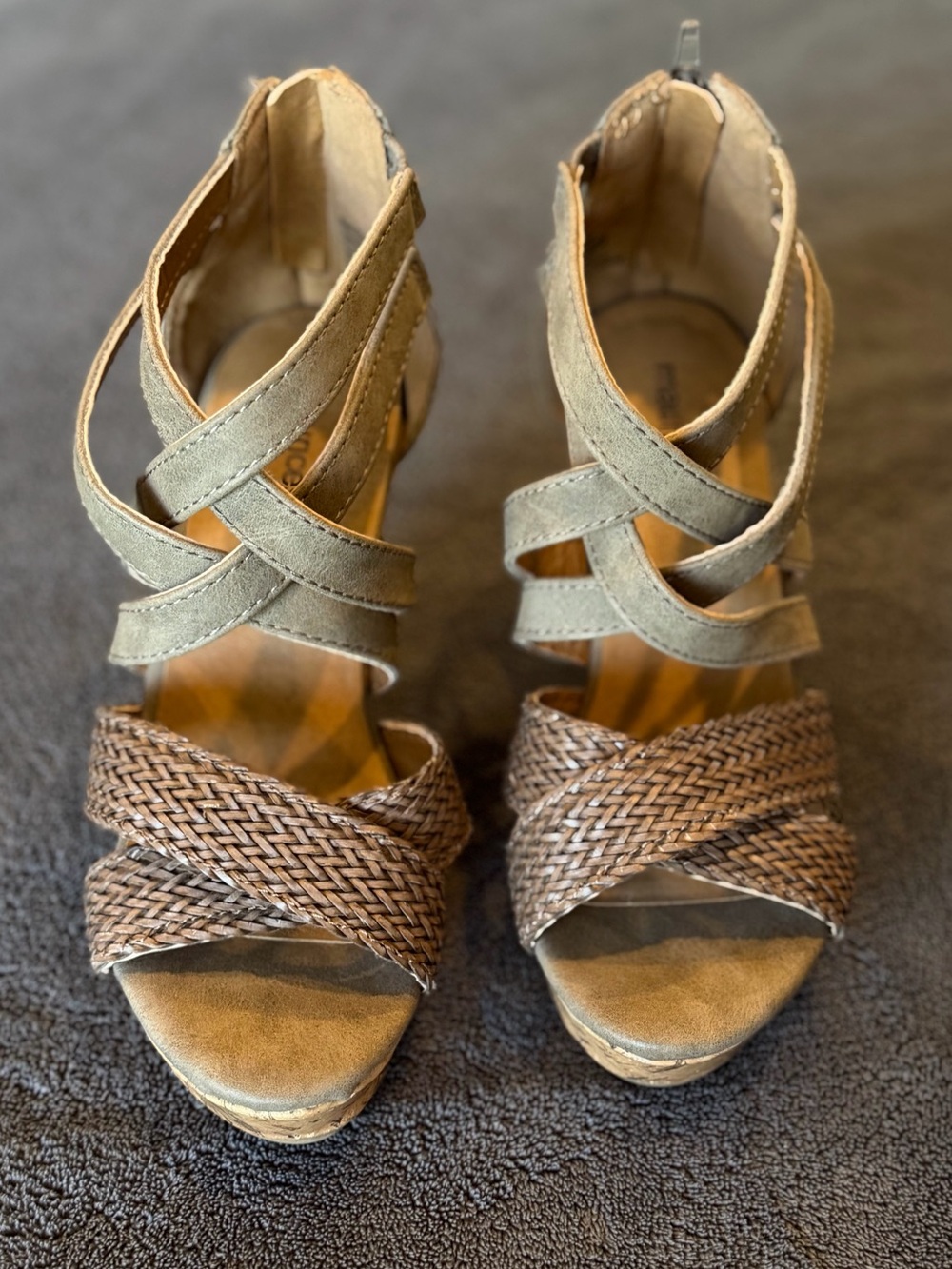Maurices Olive Suede & Brown Woven Wedge Sandals